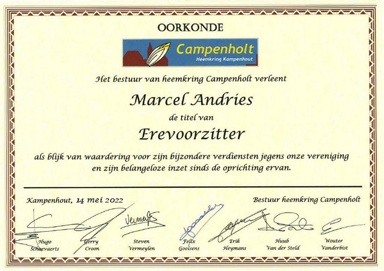 Oorkonde erevoorzitter Marcel Andries