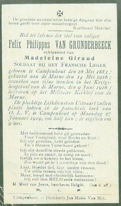 bidprentje Felix Philippus Van Grunderbeeck