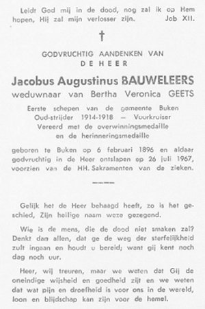 Doodsprentje Jacobus Augustinus Bauweleers