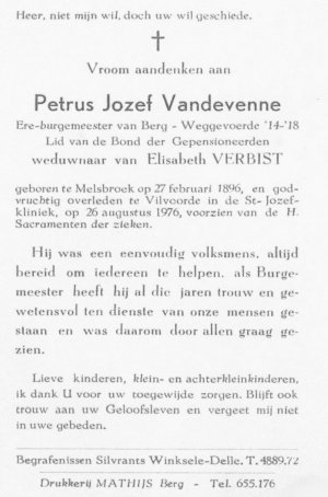 Doodsprentje Petrus Jozef Vandevenne