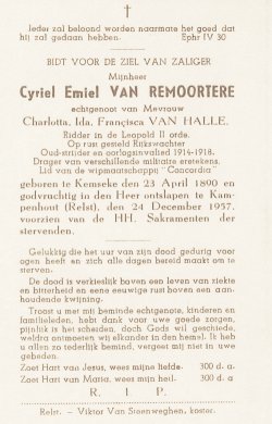 Bidprentje Cyriel Emile Van Remoortere