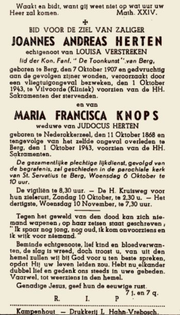 Bidprentje Joannes Andreas (Emiel) Herten en Maria Francisca Knops